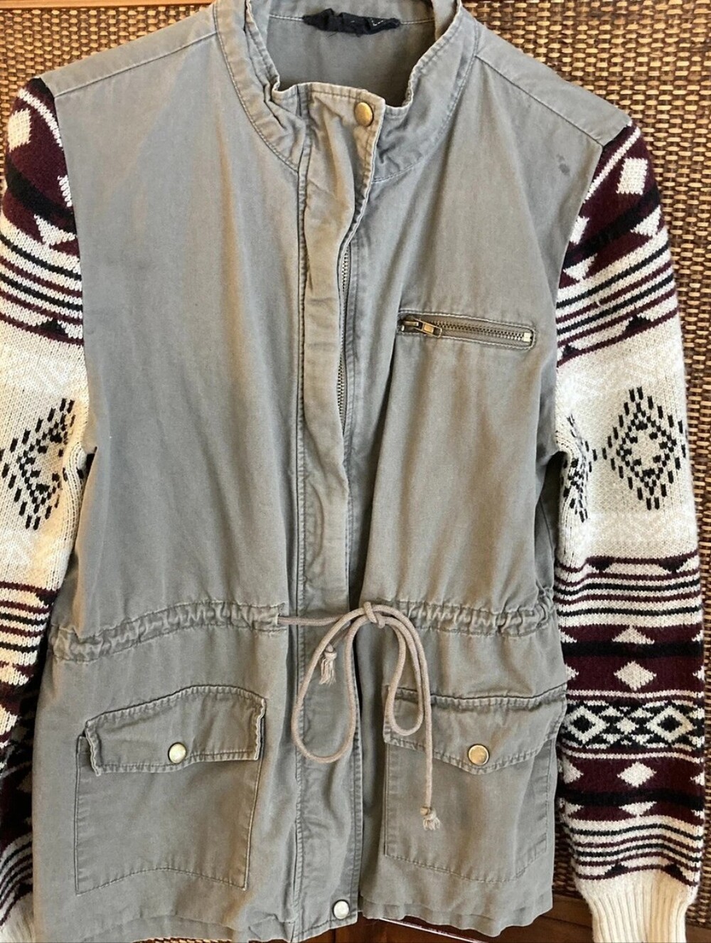 Gray Utility Jacket with Maroon Patterned Knit Sleeves